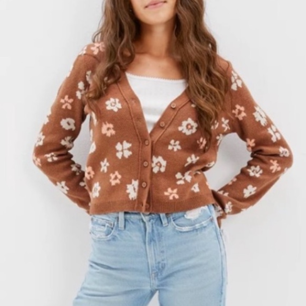 American Eagle Outfitters Brown Floral Button-Up Cardigan